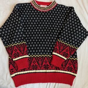 Vintage Norwear Icelandic Wool, Black/Red, Snowflake, Winter Grandpa Sweater- M